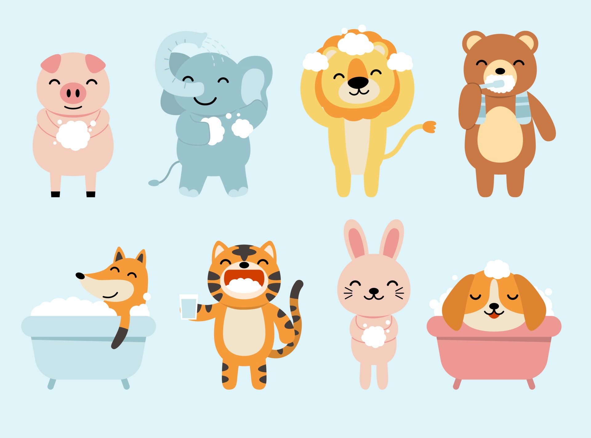 Big set of isolated animals. Vector collection of activity, bathing, funny  animals. Cute animals cat, rabbit, fox, dog, lion, elephant, pig, bear in  cartoon style. 2918640 Vector Art at Vecteezy