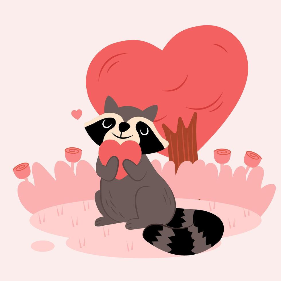 Illustration of cute squirrel raising his hands with love, water fall background with tree vector