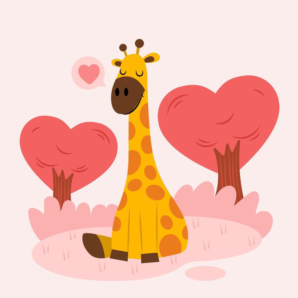 Cute animals in love happy valentine's day poster. Vector illustration. Wild animals with love tree in background