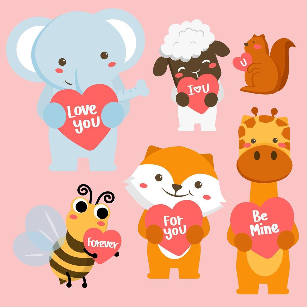 Big isolated vector set with animals in cartoon style with love sign. Vector collection for valentine day celebration. Elephant, Monkey, Bee, Cat etc