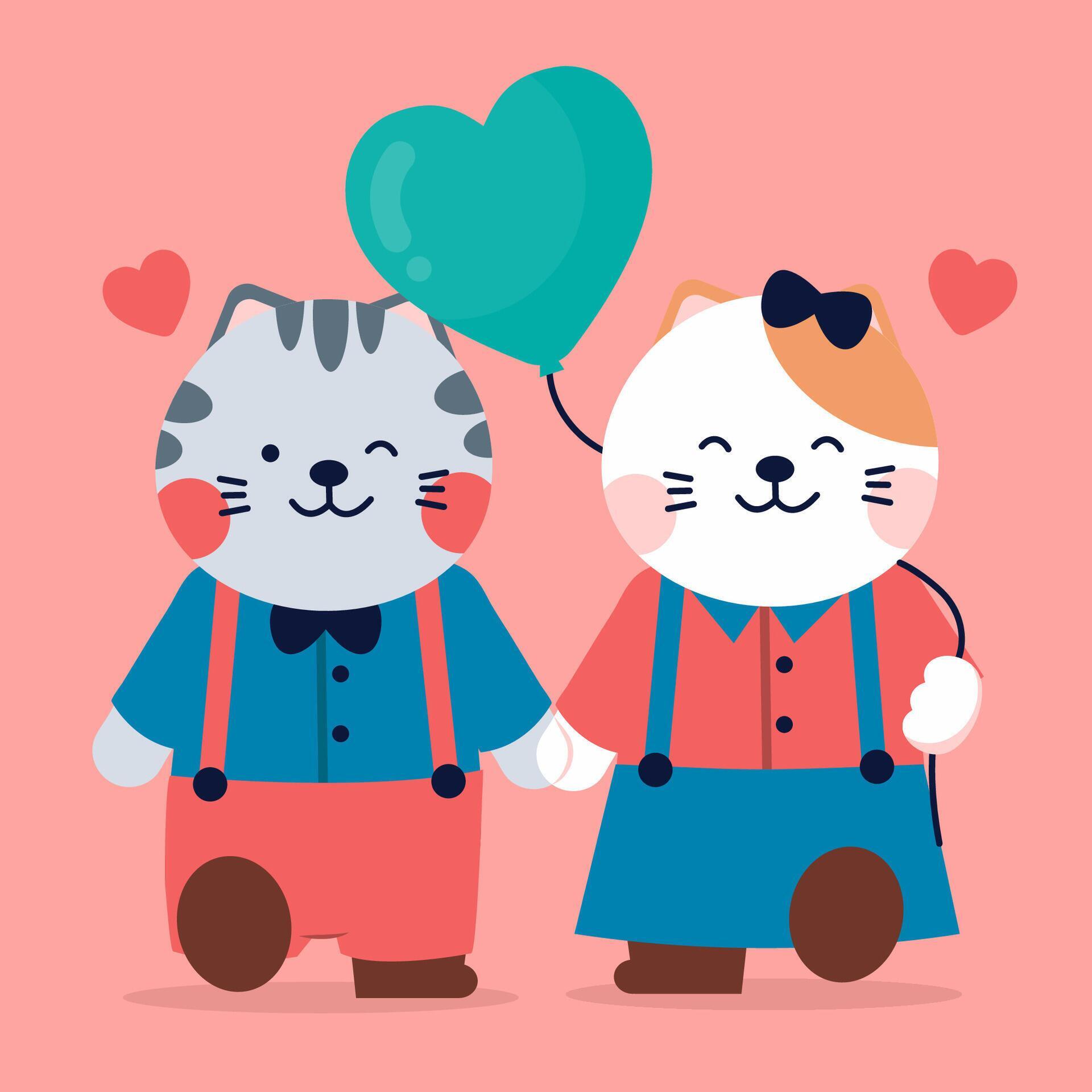 Valentine's celebration. Doodle two cats couple in a heart shape