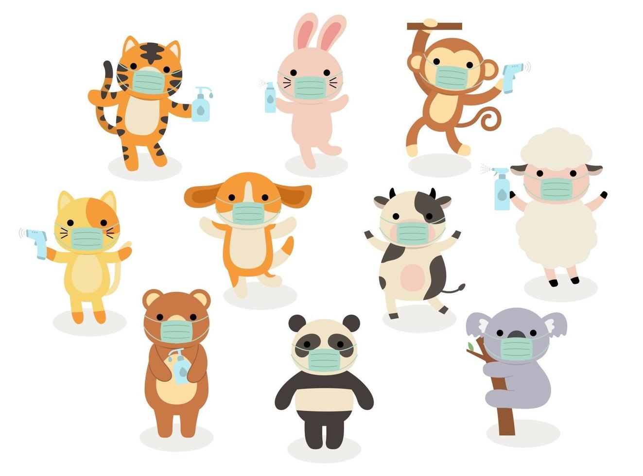 Big set of isolated animals. Vector collection of activity, wearing face mask, sanitizing, temperature checking, funny animals. Cute animals cat, rabbit, dog, monkey, cow, tiger, Koala, bear, panda in cartoon style.