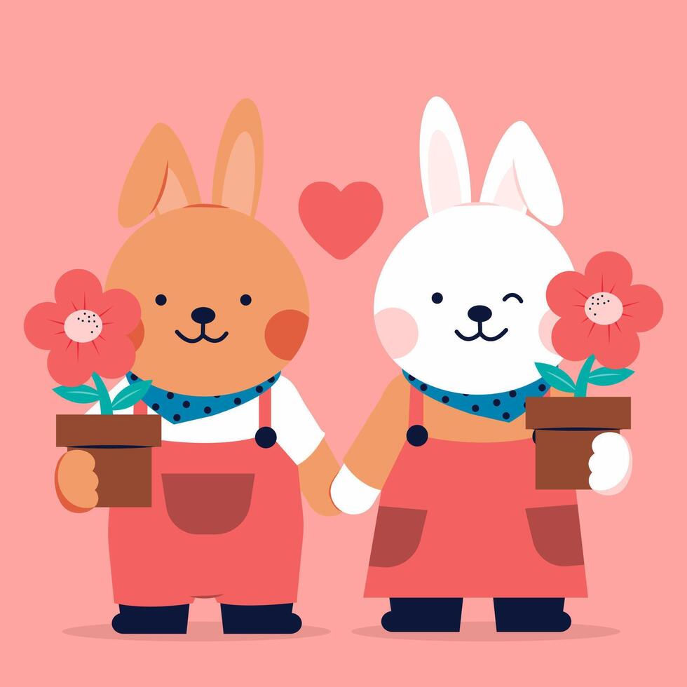 Romantic Icon of a pair loving of Rabbits  hold flower with the top. in dark background. vector