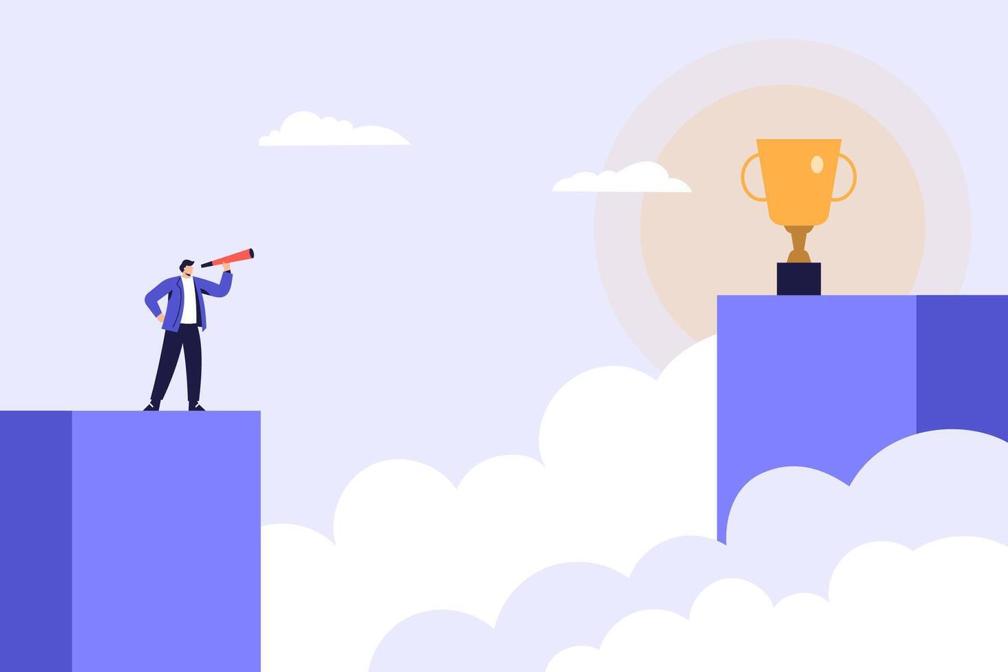 Business man looking the realistic golden trophy with text space, vector illustration