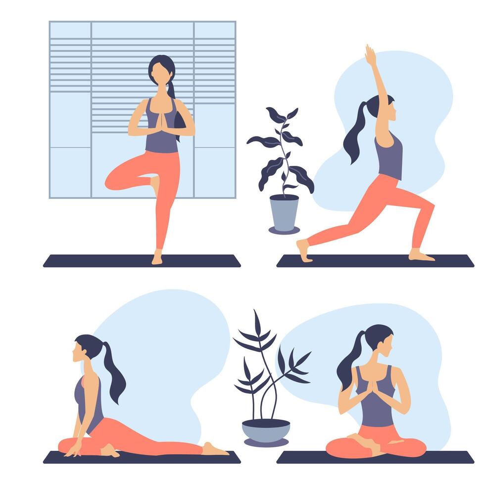 conjunto de mujer joven sana practicando yoga en la sala de estar, relajante fin de semana en casa. ilustración vectorial. entrenamiento, ejercicio, fitness, interior, meditación, estilo de vida, concepto de estancia en casa vector