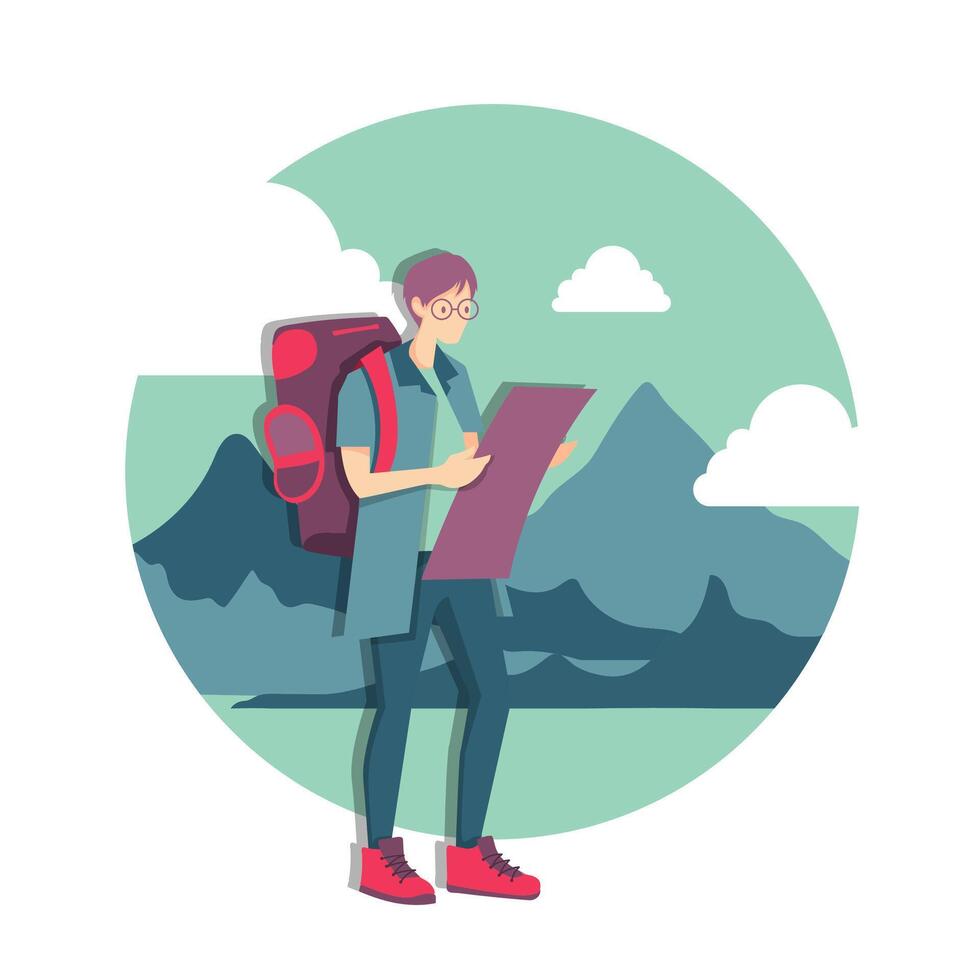 Young caucasian white traveler young man with a backpack looking at map. Traveler man searching right direction on a map. Vector cartoon illustration.