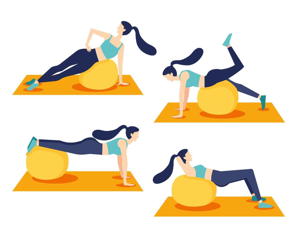 Healthy young woman practicing yoga in living room, relaxing weekend at home. Vector illustration. Workout, exercise, fitness, indoor, meditation, lifestyle, stay at home concept