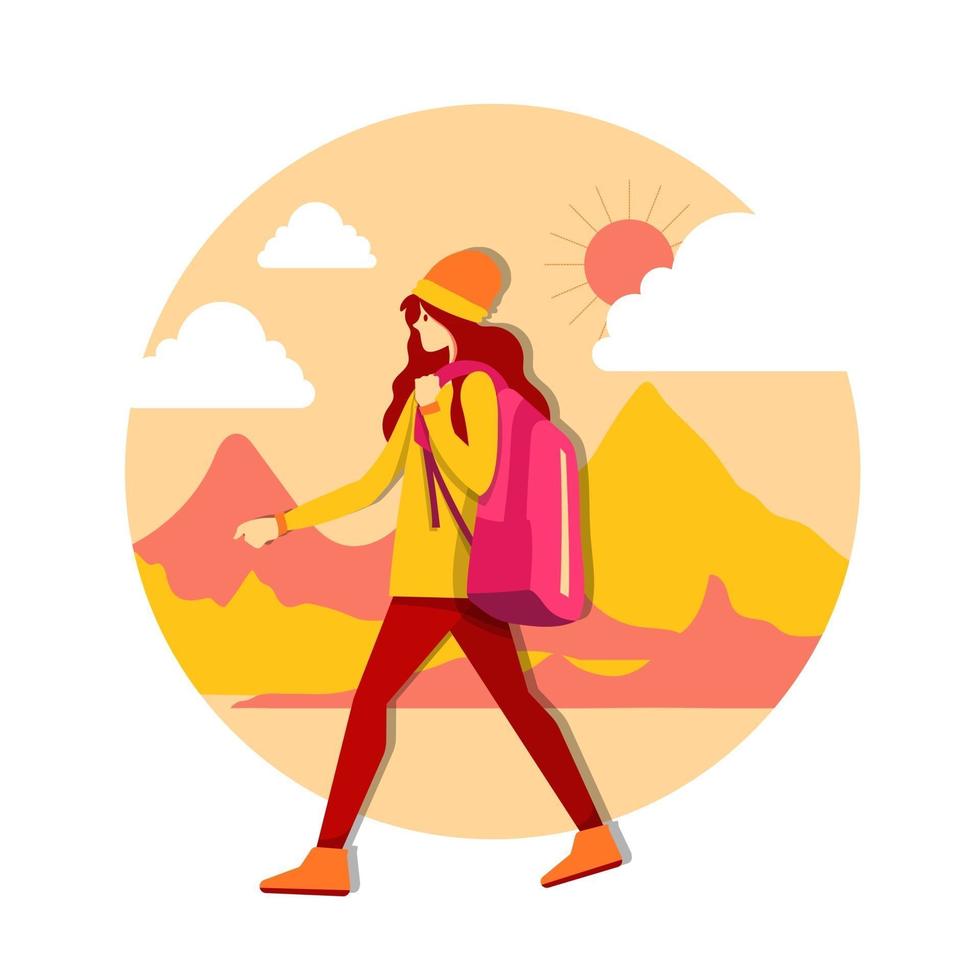 Young caucasian white traveler young girl with a backpack. Traveler girl walking. Vector cartoon illustration.