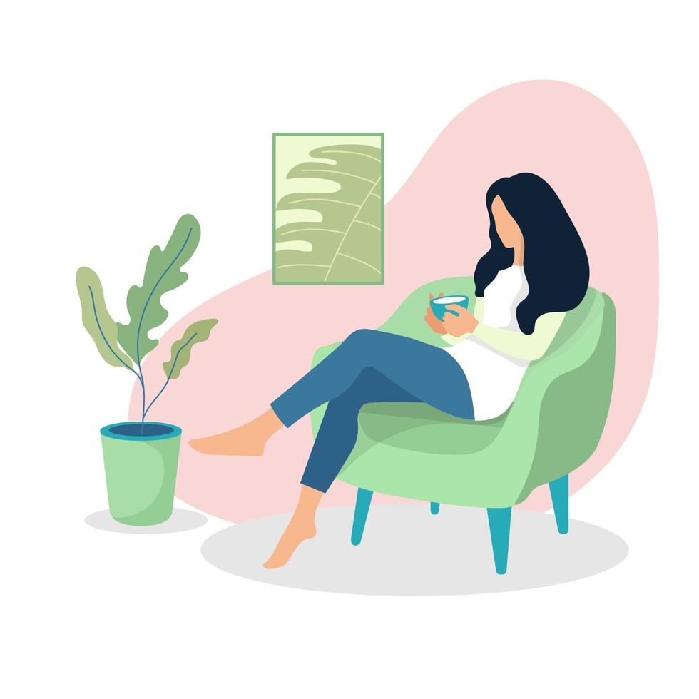 Concept of a girl inside home with a cup of tea. Happy woman relaxing. Female character sitting on desk chair. Stay at home. Vector flat illustration