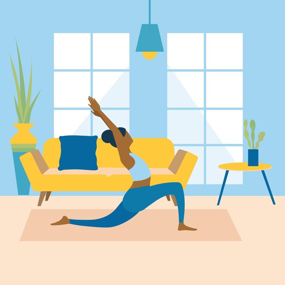 mujer joven sana practicando yoga en la sala de estar, relajante fin de semana en casa. ilustración vectorial. entrenamiento, ejercicio, fitness, interior, meditación, estilo de vida, concepto de estancia en casa vector