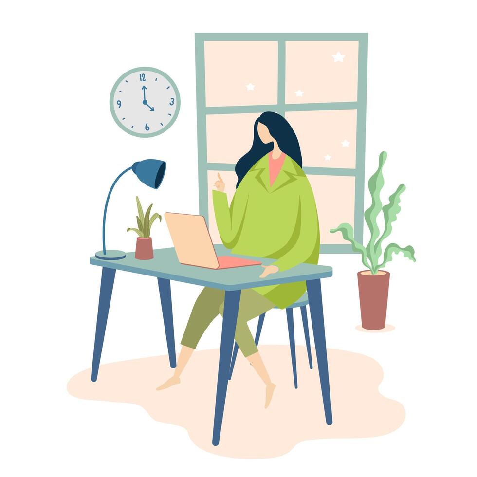 Fondo de concepto de casa de formulario de trabajo de mujer que trabaja con la computadora en la mesa en la habitación de su casa. ilustración vectorial de una mujer dentro del interior de una casa. vector