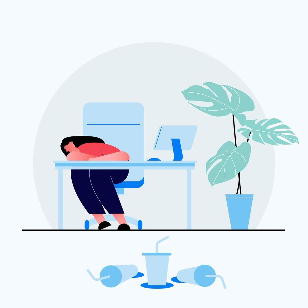 Professional burnout syndrome. Tired female manager in office sad boring sitting with head down on table. Vector long work day illustration