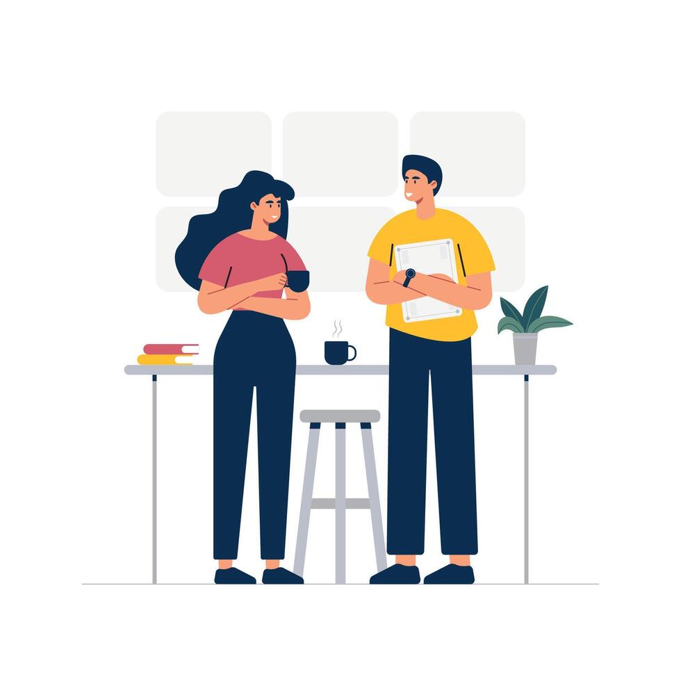 Business people doing office activity. Taking tea and discussing with each other. Vector illustration in cartoon style.