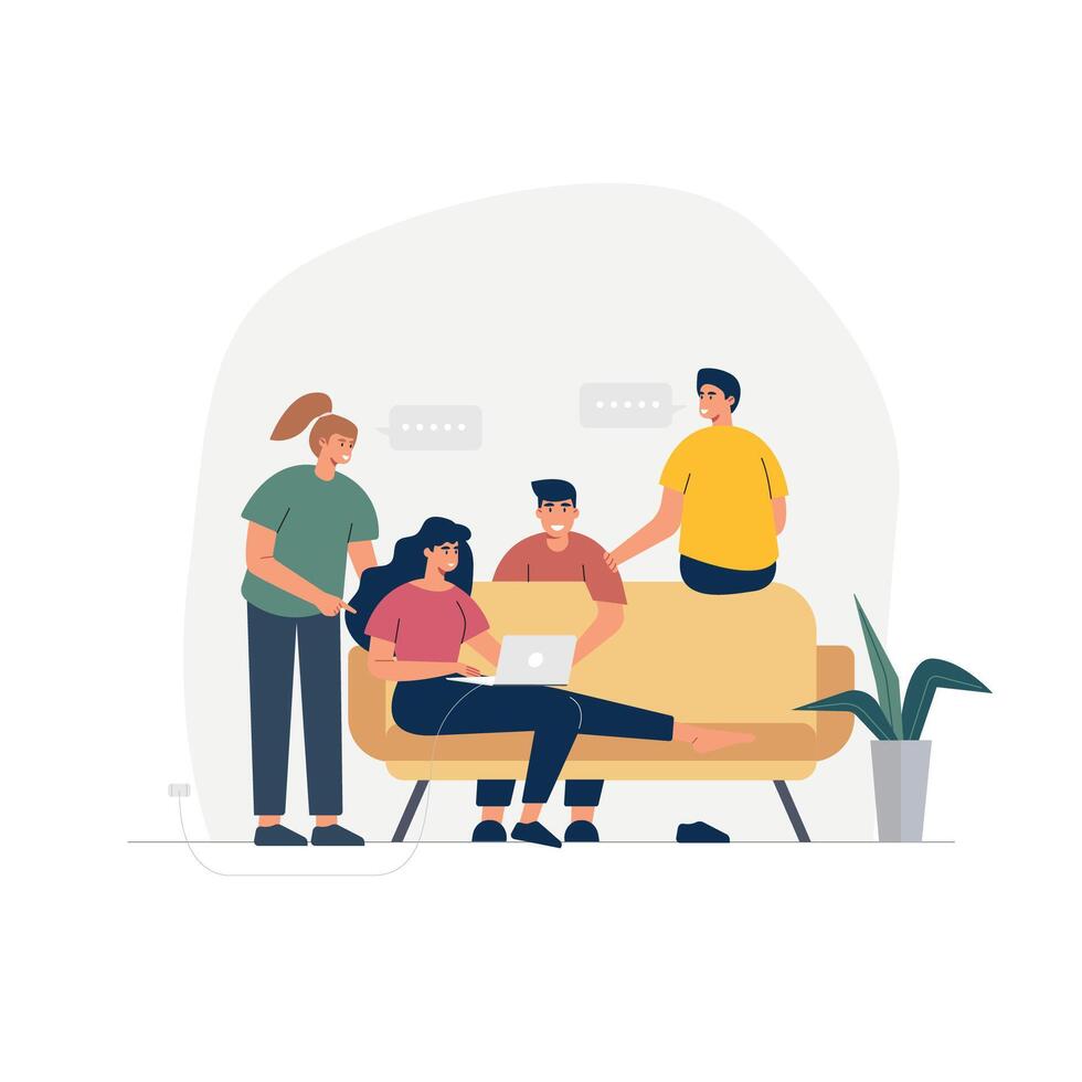 Company business members. Discussion with team members flat hand drawn illustration. vector