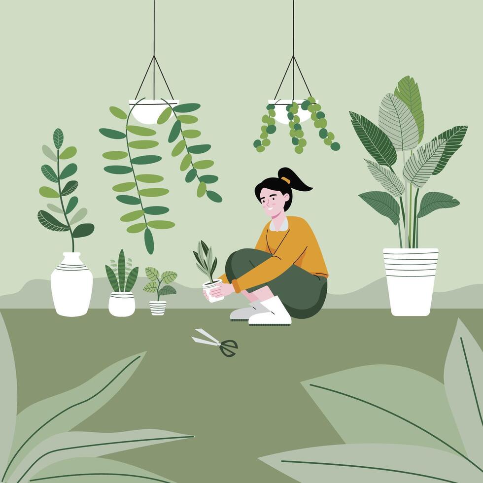 The girl is planting trees in the garden with care. Flat vector illustration. Householding works and human activity banner.