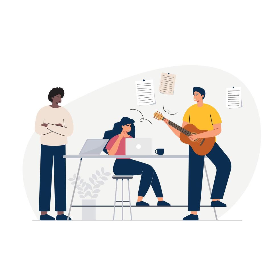 Listening to music and dancing for a refreshment in office at break time. A joyful vector illustration.