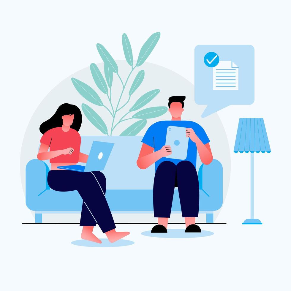 Young Girl and boy Sitting in Sofa. Girl work fo office and boy sending file to other through the tab computer. Cartoon Flat Vector Illustration