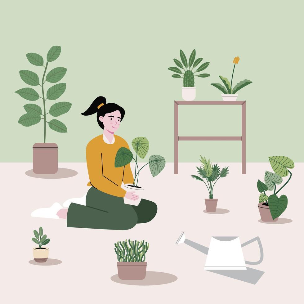 The girl is sitting with different kinds of trees and garden materials. Flat vector illustration of a household girl sitting inside the house