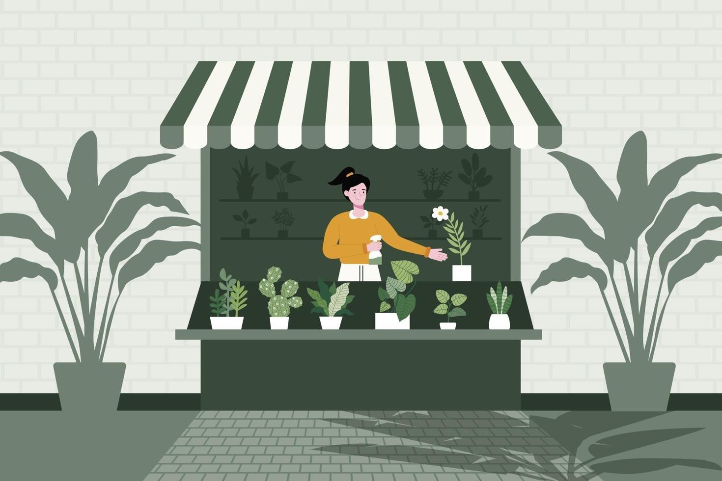 A seller is sitting in the shop selling different varieties of trees. Flat vector illustration. Householding works and human activity banner.