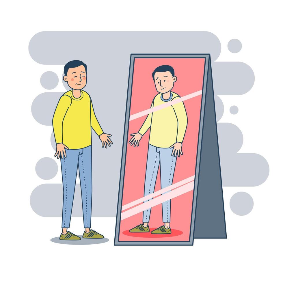 Depressed man reacting positive covering face emotions infront mirror feeling depression mental disorder concept portrait vector illustration