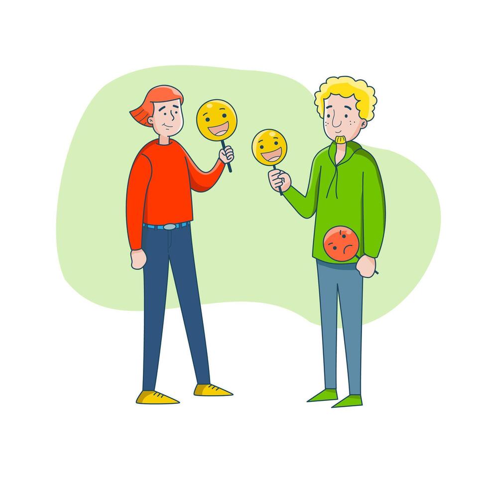 A young couple are holding masks with positive emotions. They are tired of the fact that constantly has to play a role, change the mask. big isolated vector illustration with white background