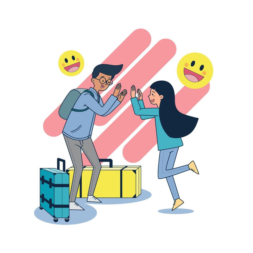 Young couple with travel bags waving hands. Boy and girl traveling together. Vector flat character design. Cartoon illustration with white background.