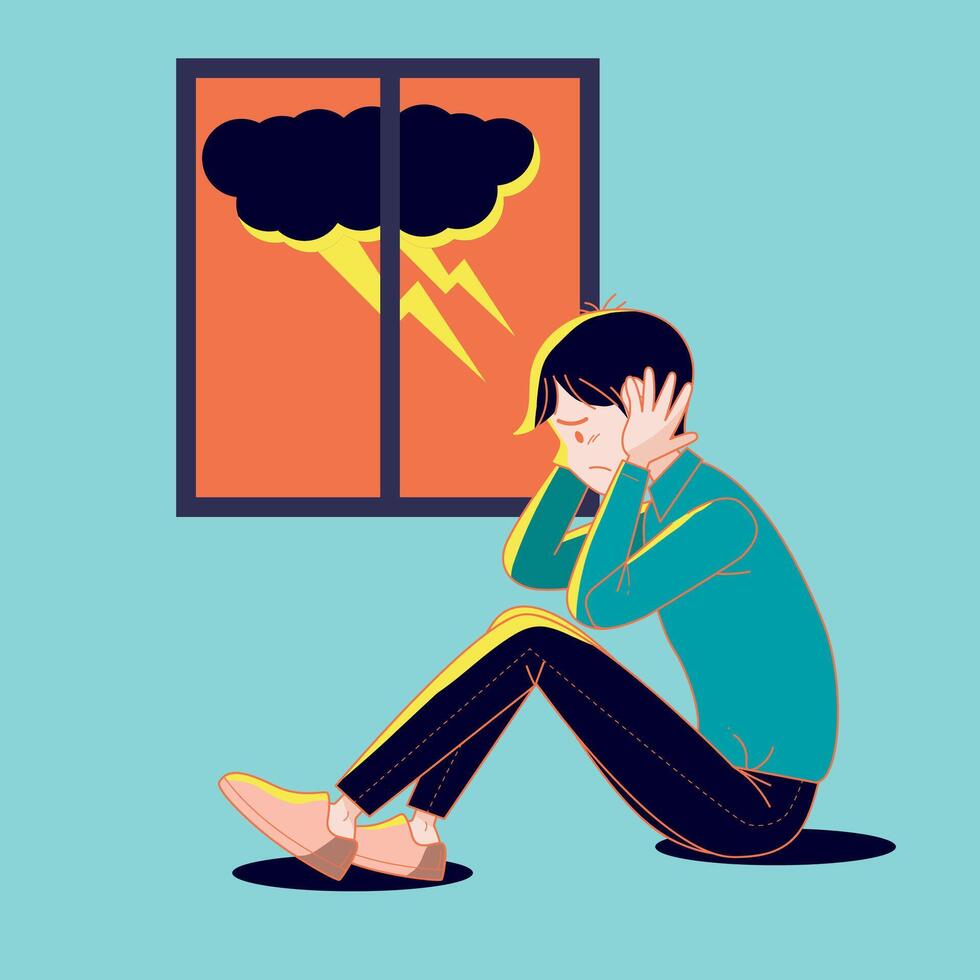 Big isolated young man suffering from the fear of thunderstorm. Cartoon illustration vector with dark background