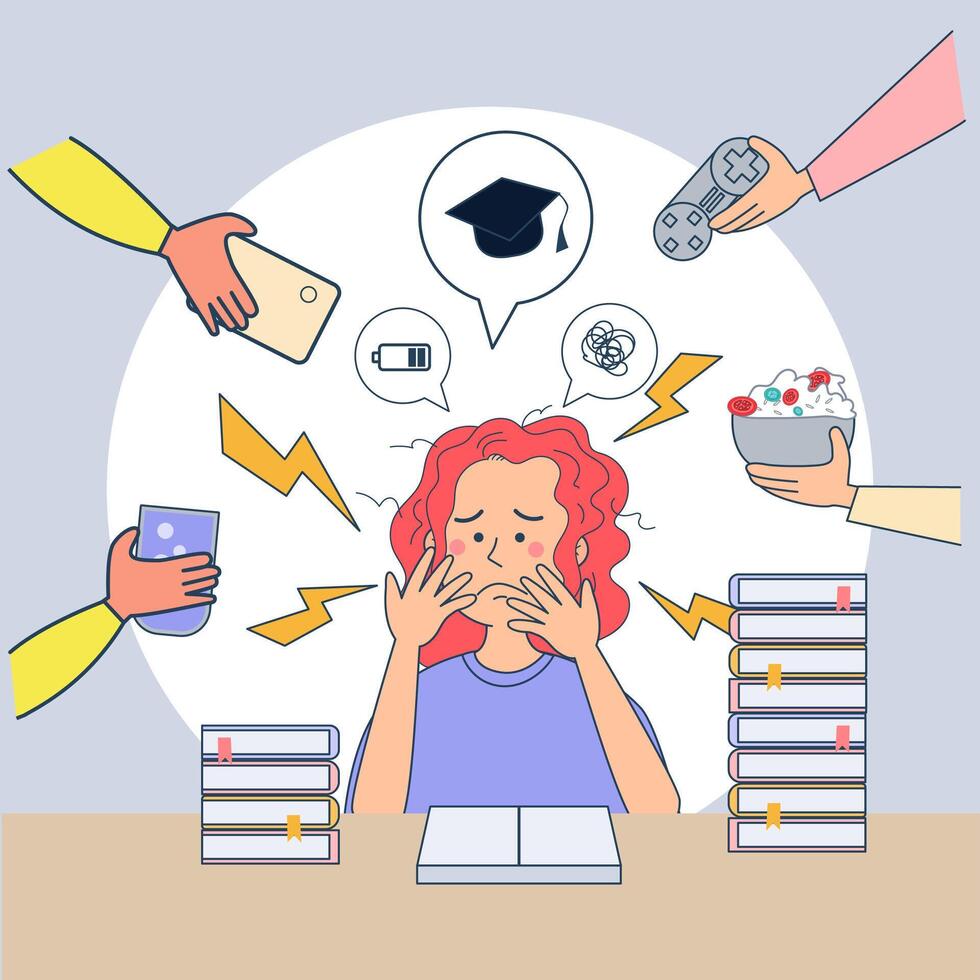 Big isolated Young girl studying on a desk in . Depressed, heart broken, under pressure Cartoon character vector illustration.