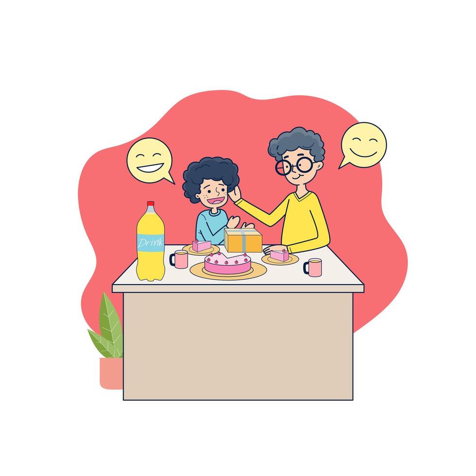 Big isolated Young couple celebrating with cake and drinks, making love and lough  Cartoon character vector illustration.