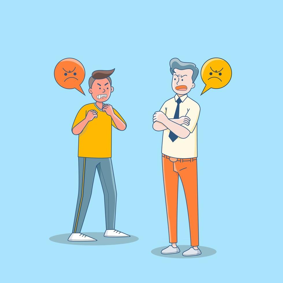 Quarrel, struggle, violence, aggression concept. Big isolated  two Young men Quarrel between  themselves  with anger . Aggressive and violent behaviour and confict or rivalry. Cartoon character vector illustration.