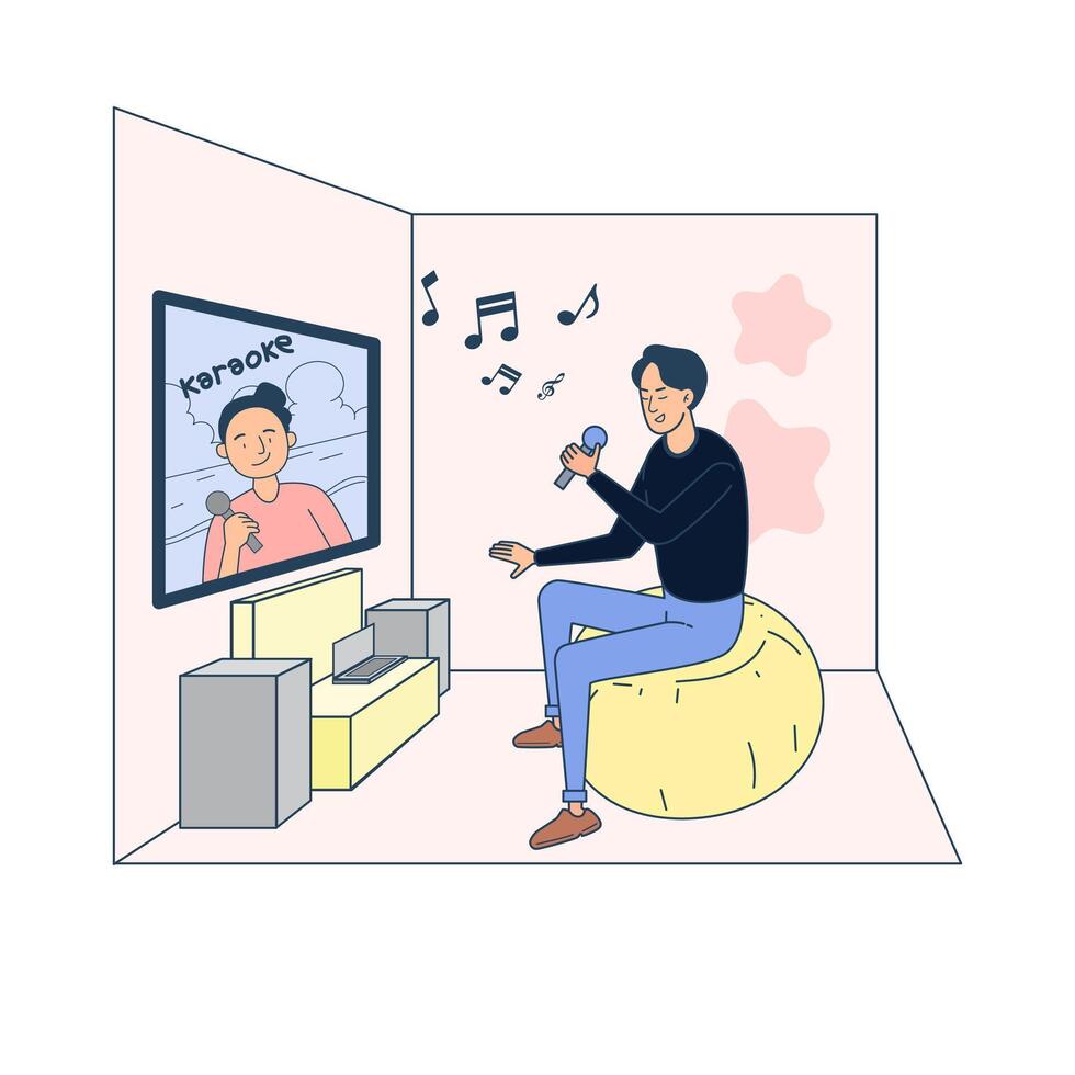 joven mirando y cantando canciones. Ilustración de vector de arte pop con fondo blanco