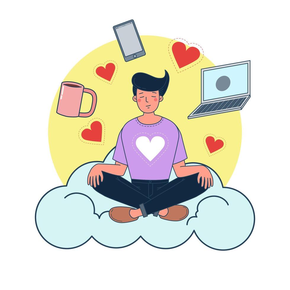 Big isolated young boy love tech life and dringking coffee. illustration vector with white background.