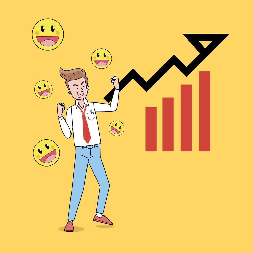 Business growth vector concept. Business man celebrating growth with happiness.  Flat Vector illustration. Achievement  Businessman happy in office with dark background