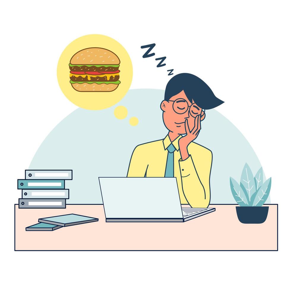 hombre cansado durmiendo durante el tiempo de trabajo en la oficina y soñando con la comida. gran vector de ilustración aislada con fondo blanco.