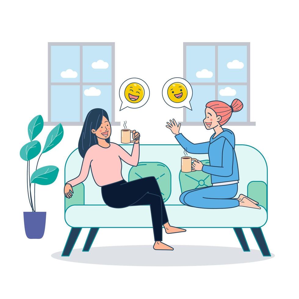 Two girls sitting on couch dringking coffee and gossiping inside home. Big isolated illustration vector with white background