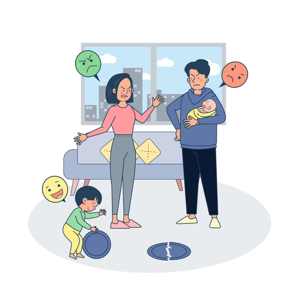 Parent fighting ague due to child broke plate during play. Big isolated illustration vector with white background.