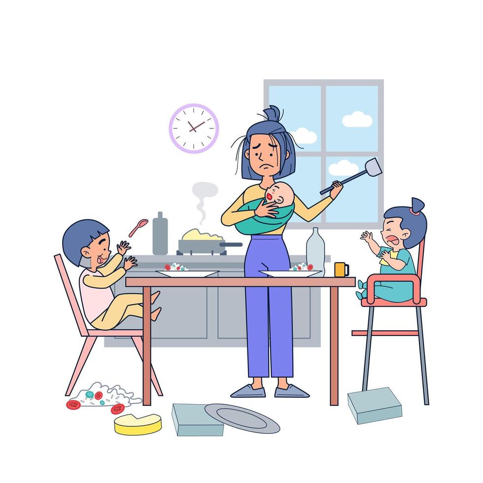 Big isolated young mom trying to feed breakfast three child. Illustration vector with white background.