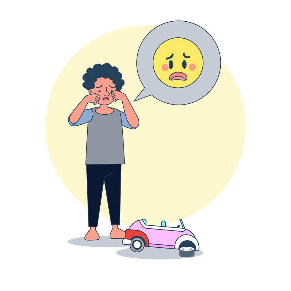 Big isolated Boy crying because of broken toy car. illustration vector with white vackground