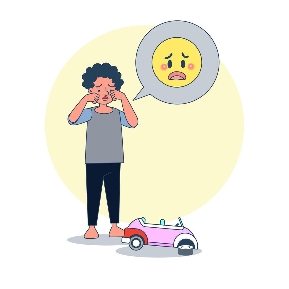 gran niño aislado llorando a causa de un coche de juguete roto. vector de ilustración con vackground blanco