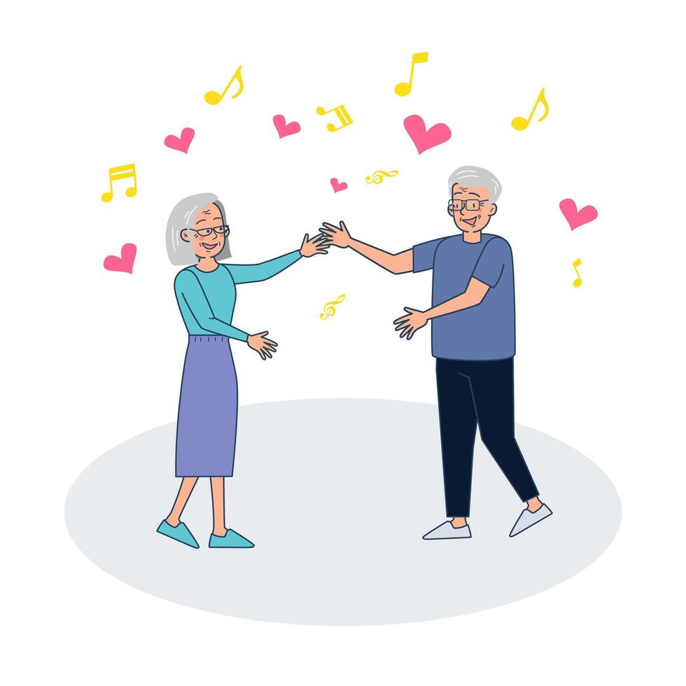 gran pareja de ancianos aislados están celebrando. ilustración vectorial dibujos animados planos amigos o pareja bailando en la fiesta en casa, celebrando en el interior vector