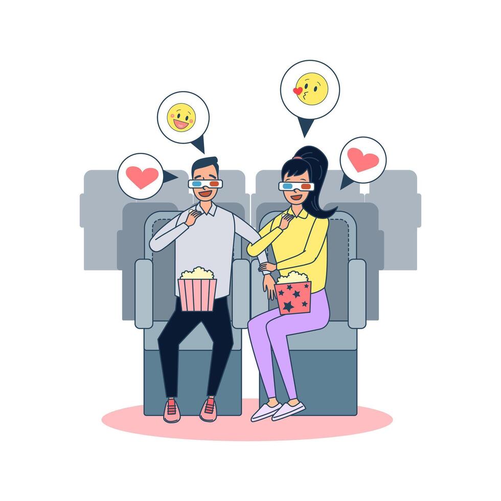 Big isolated couple are watching 3D movie. vector illustration  Cartoon flat friends or couple at home party, indoor celebrating