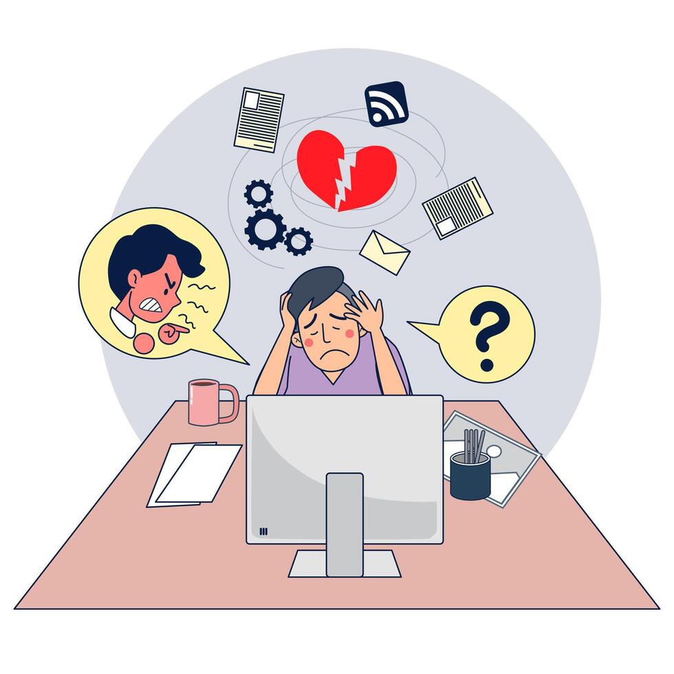 Big isolated Young man work on a office desk in computer. Depressed, heart broken, under pressure Cartoon character vector illustration.