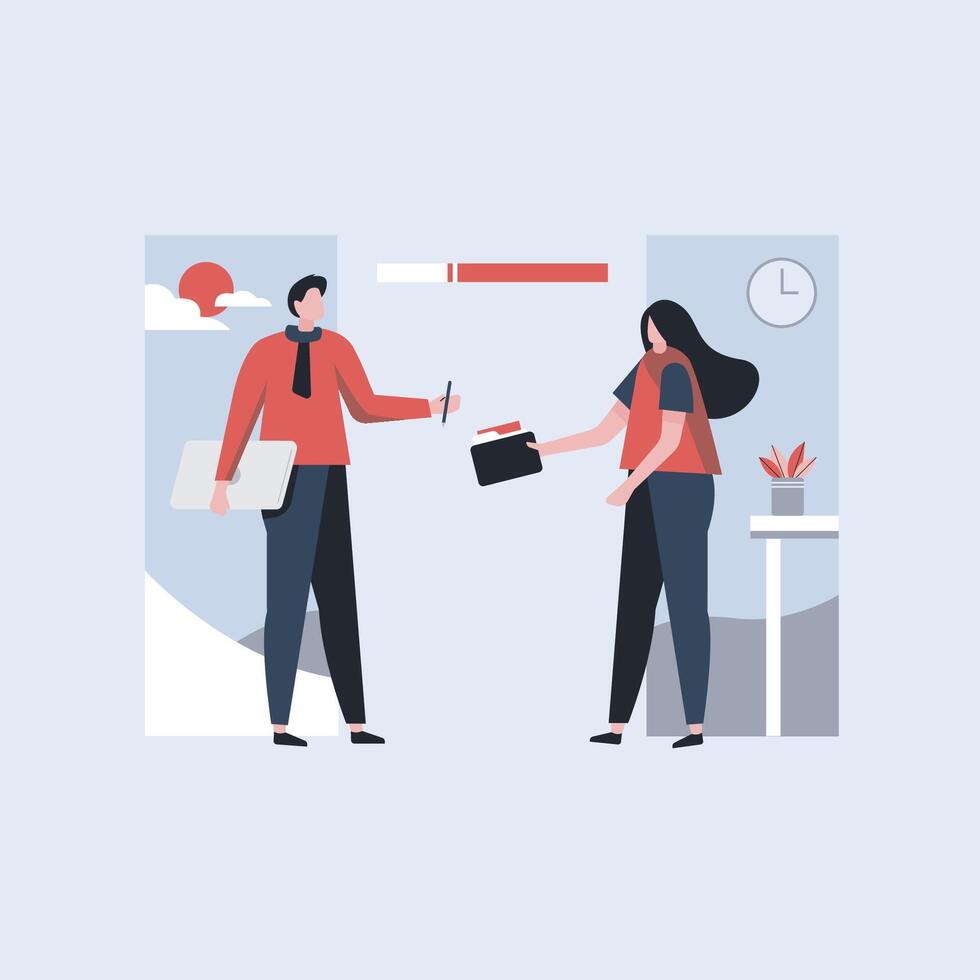 Business people doing office activity. Girl is sending file her colleague. Man taking file and having laptop in his hand. Vector illustration in cartoon style.