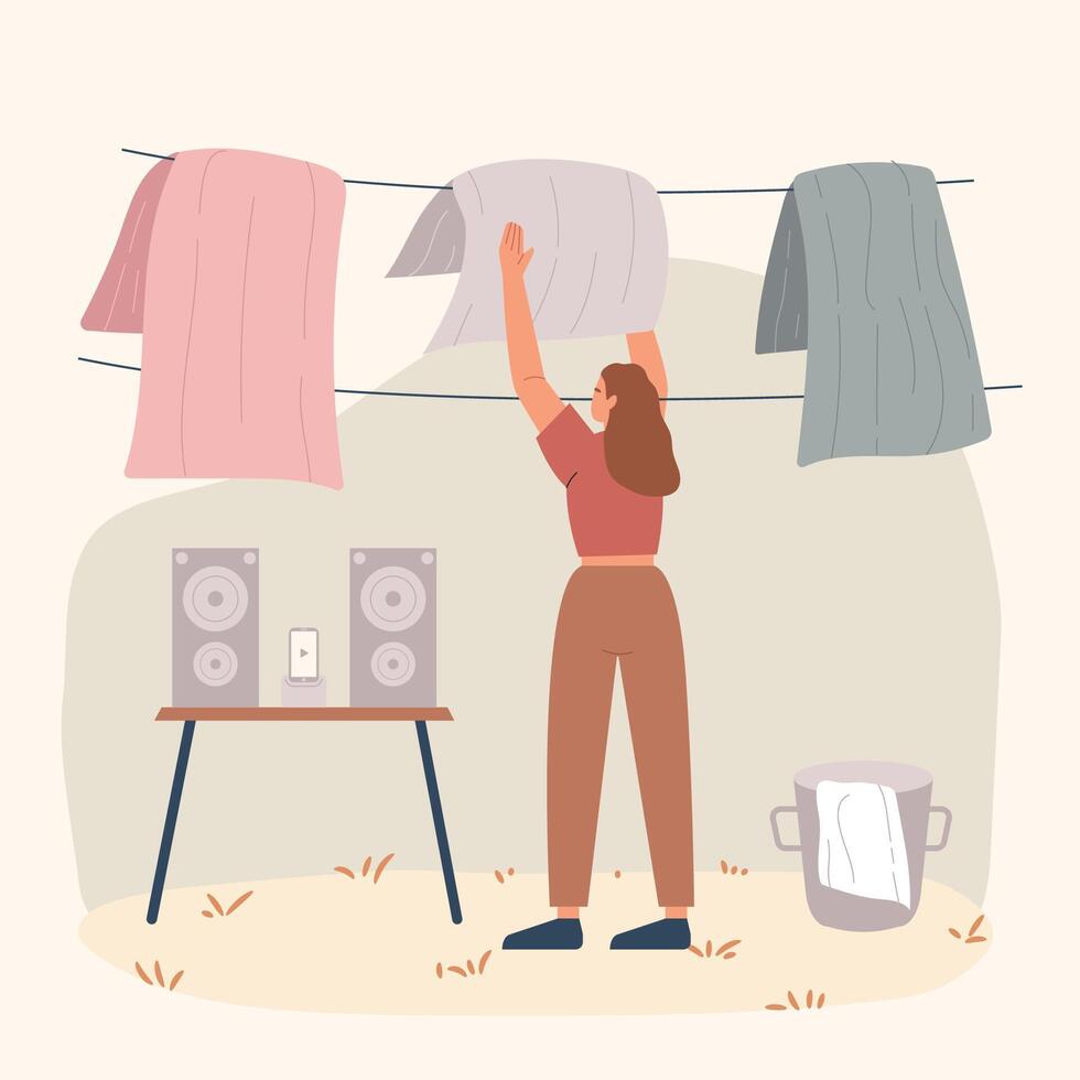 Young woman taking clothes from bucket and hanging wet clothes out to dry concept vector flat illustration.