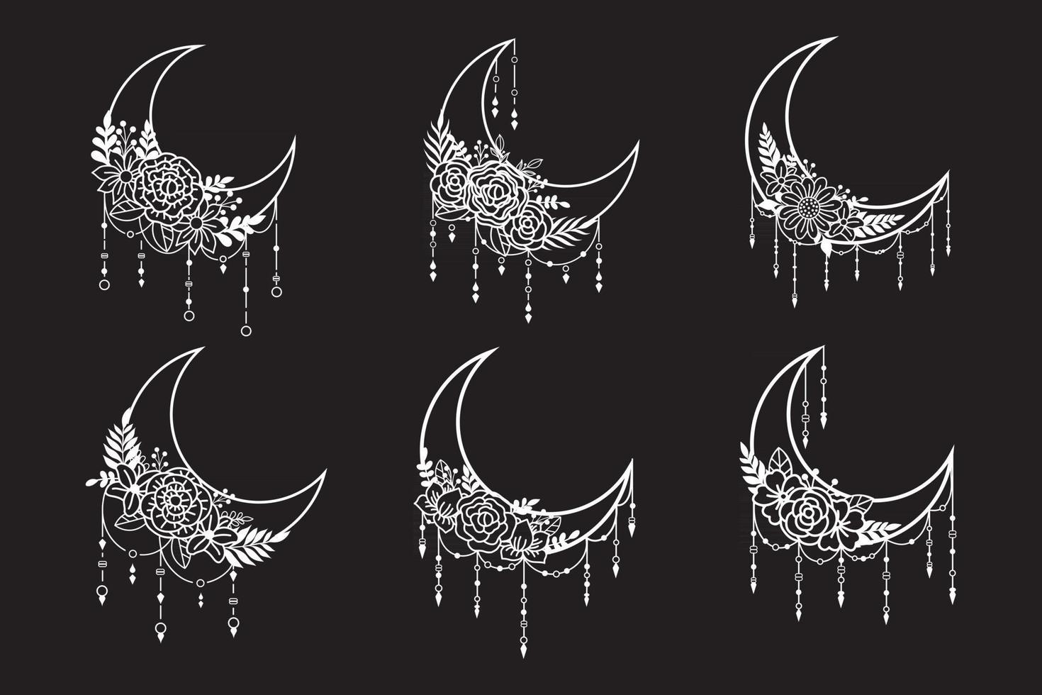 Crescent moon floral style, moon decoration element collection vector