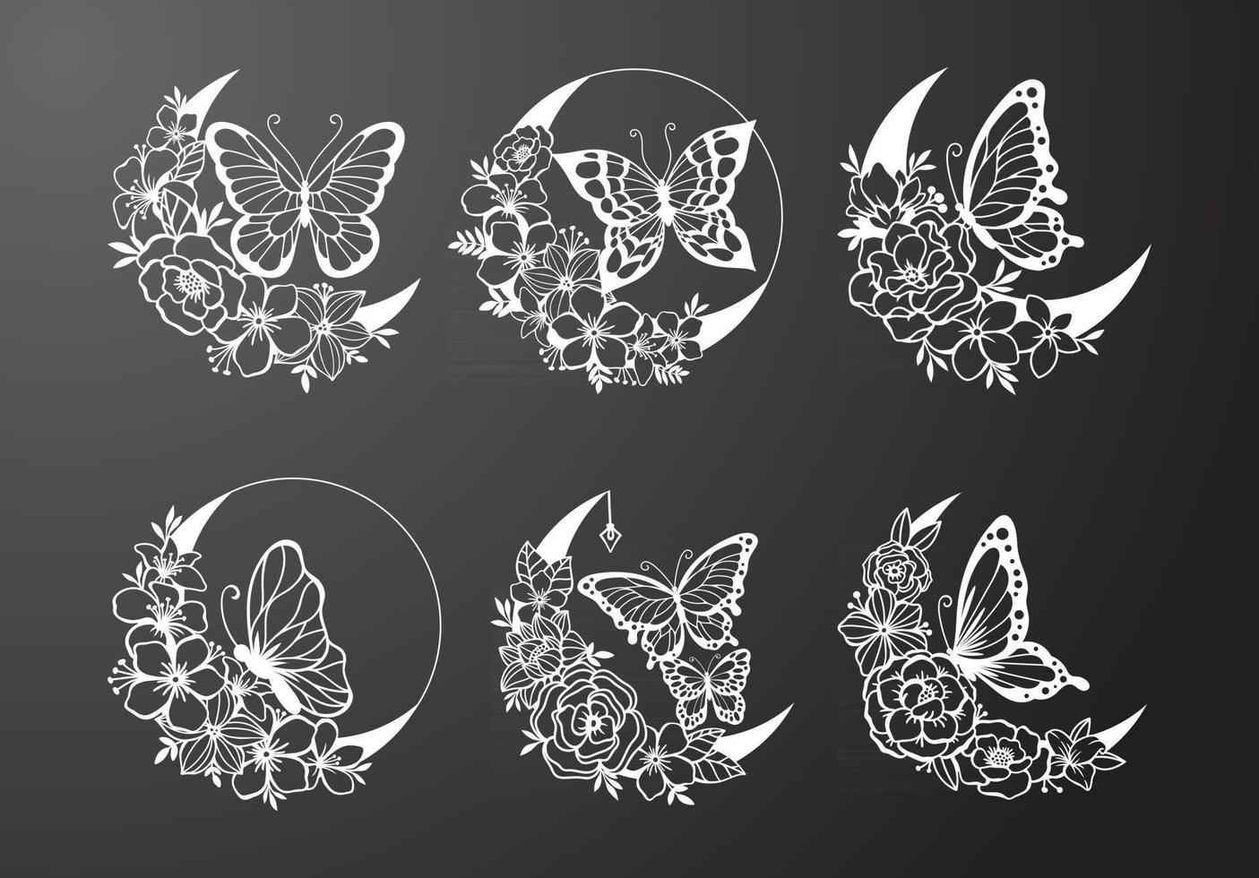 luna creciente con mariposa y decoración de estilo floral vector