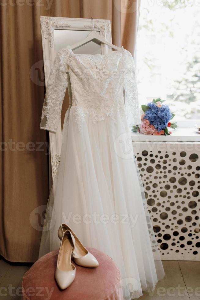 perfect white wedding dress on the wedding day photo