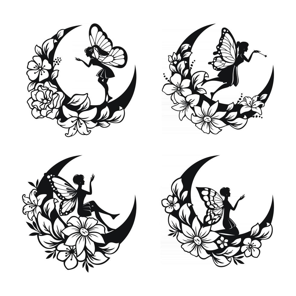 conjunto de ilustración de hadas y luna creciente vector