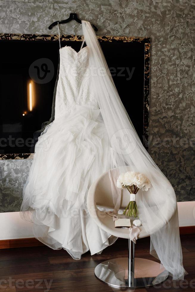 perfect white wedding dress on the wedding day photo