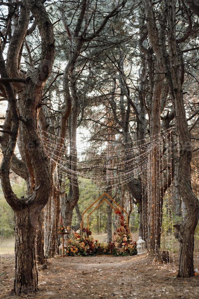 Área de ceremonia de boda con flores secas en un prado foto